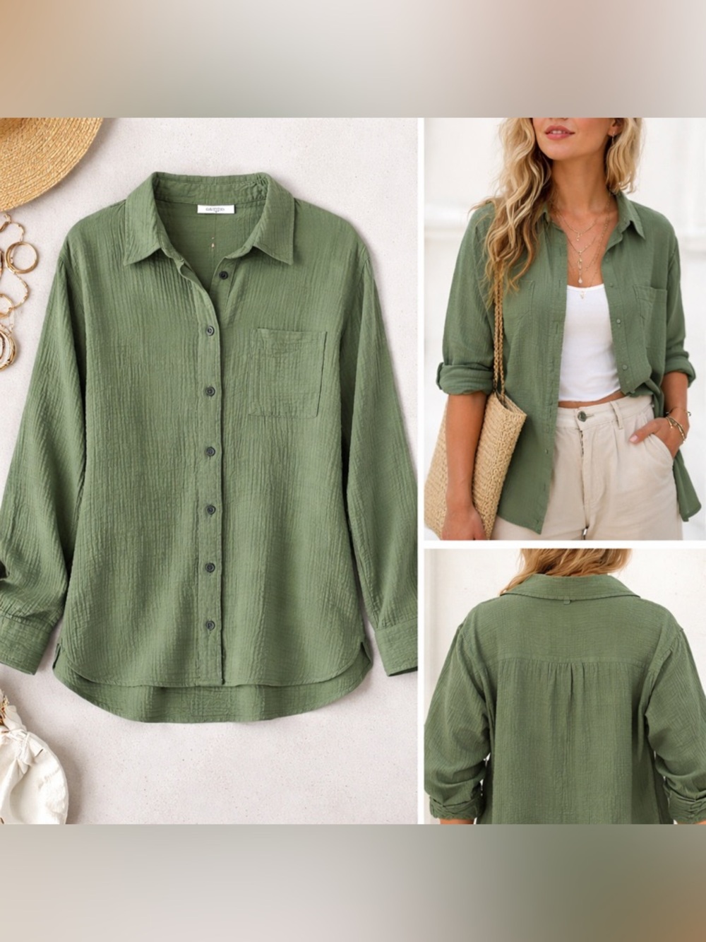 J Crew Gauze Button Down Green L Relaxed Cotton Shirt Coastal Boho Top